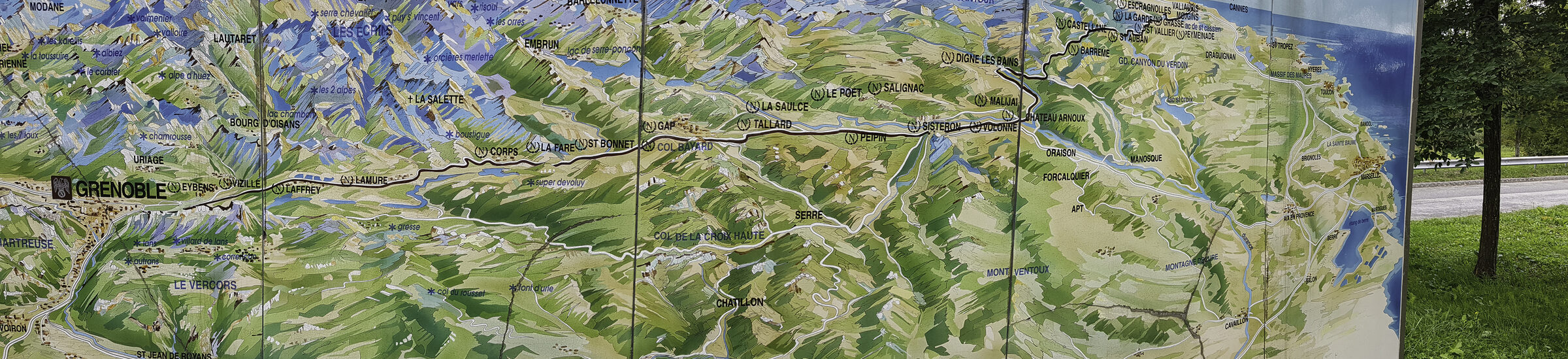 Reliefkarte der Route Napoléon von Grenoble über Gap bis an die Küste